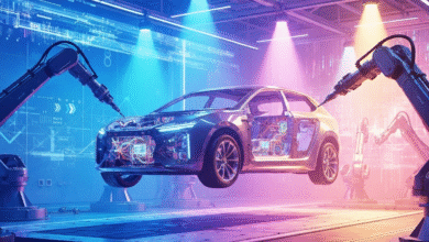Robotic arms assemble an electric car chassis with visible internal wiring and components.