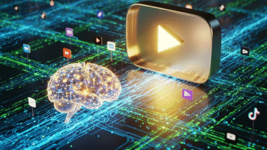 Glowing digital brain and YouTube play button on a circuit board with social media icons.