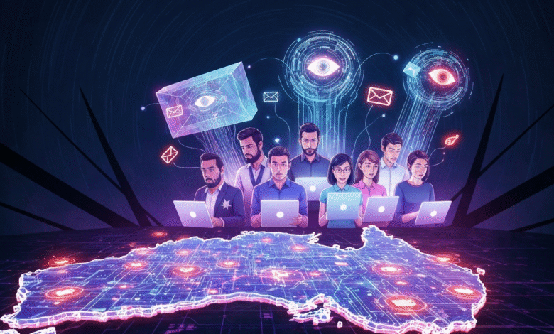 Team of people working on laptops with a digital map of Australia and glowing data streams.