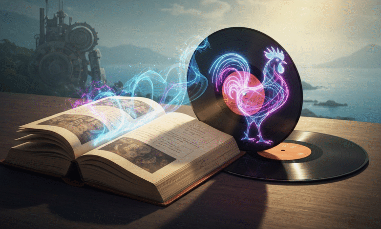 An open book with glowing energy emanating from its pages, next to a vinyl record with a neon rooster outline.