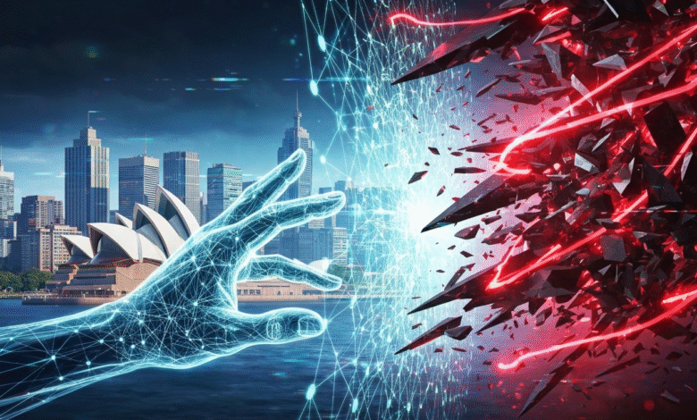 Holographic hand reaching towards a digital network, with a cityscape and abstract red shards.