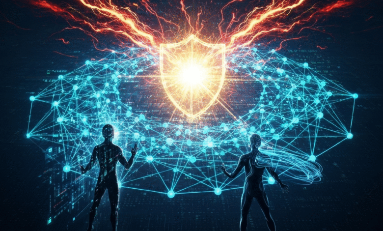 Two figures interact with a glowing digital shield and network connections.