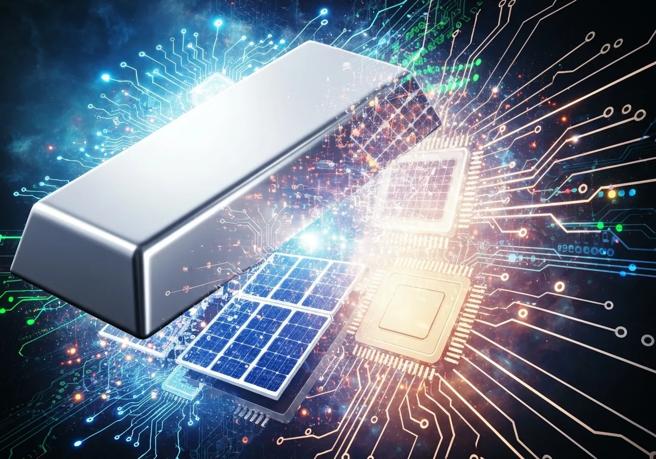 Silver bar, solar panels, and microchips on a glowing circuit board background