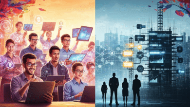 Collage of people using technology and a futuristic cityscape with data networks.