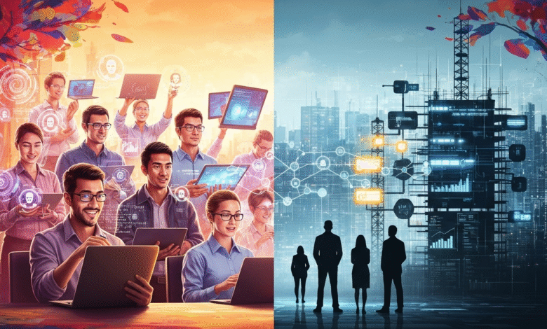 Collage of people using technology and a futuristic cityscape with data networks.