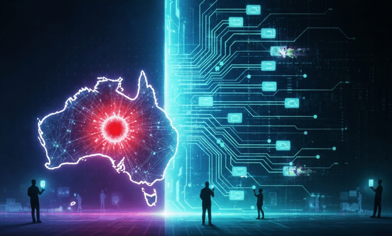 Digital map of Australia with a glowing red center, connected to a futuristic circuit board.