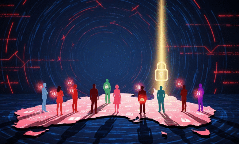 Silhouettes of people standing on a map of Australia with digital locks and data streams.