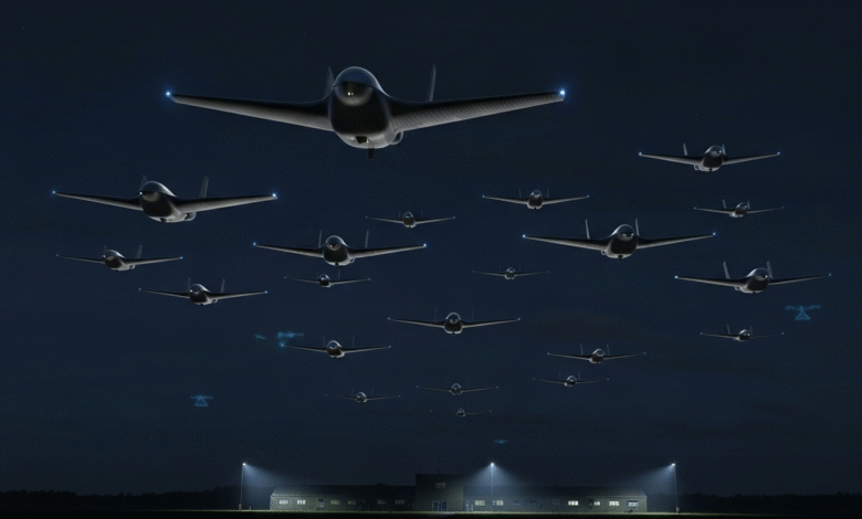 A fleet of advanced drones flying in formation at night over an airfield.