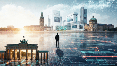 Silhouette of a man standing before the Brandenburg Gate and a futuristic cityscape with digital circuit patterns.