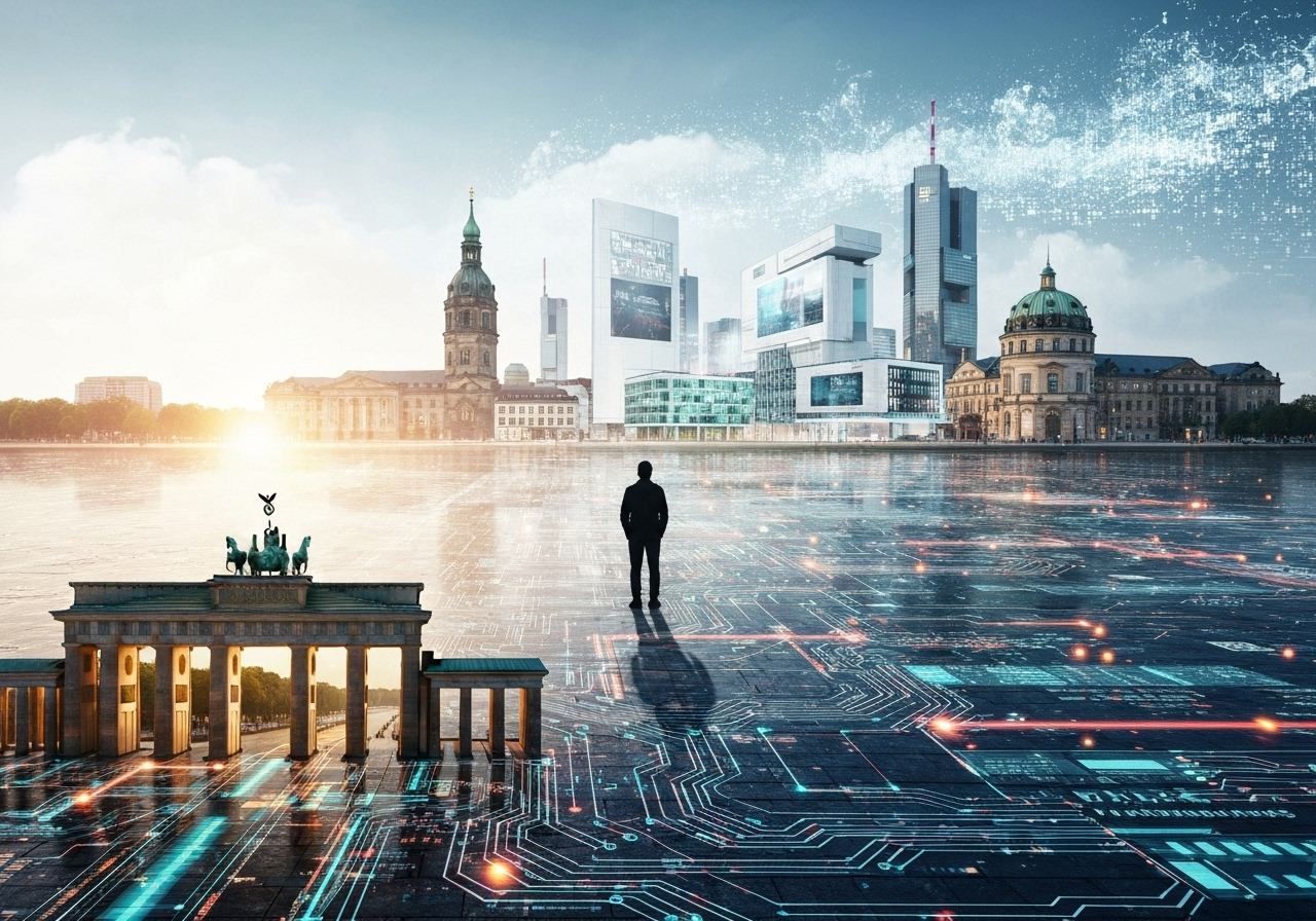 Silhouette of a man standing before the Brandenburg Gate and a futuristic cityscape with digital circuit patterns.