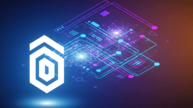 Abstract digital network with glowing lines and a white hexagonal icon.