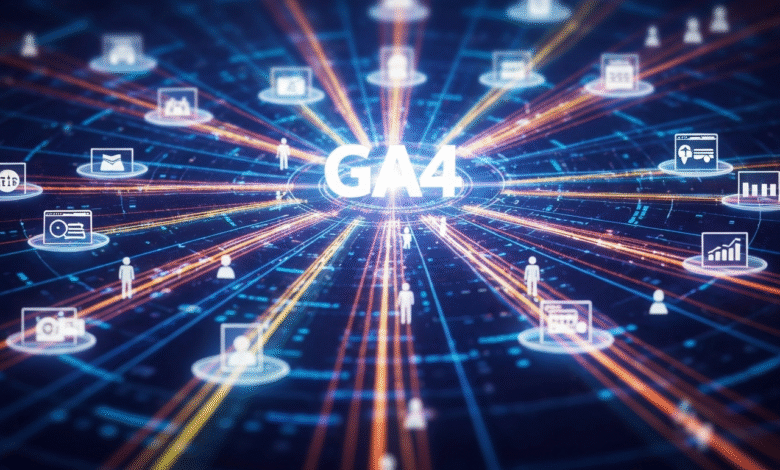Digital network visualization with GA4 at the center and icons representing users and data.
