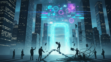 Silhouettes of businessmen interacting with a glowing AI interface in a futuristic city.