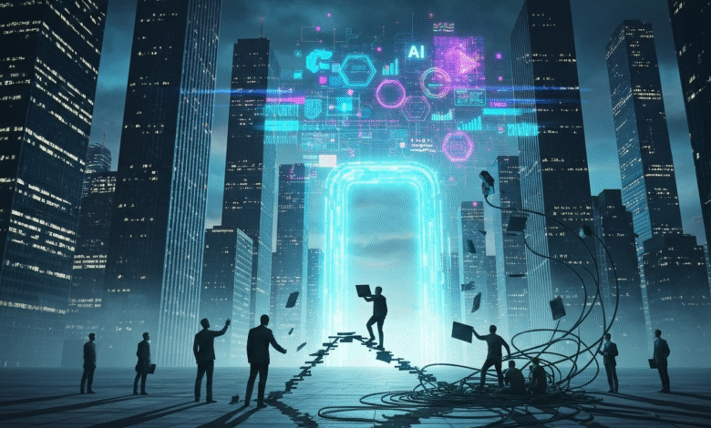 Silhouettes of businessmen interacting with a glowing AI interface in a futuristic city.