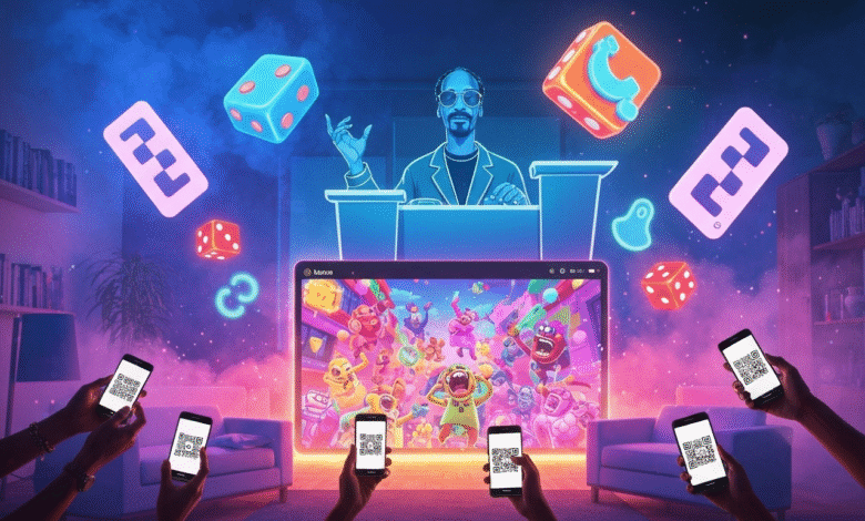 Snoop Dogg hologram presenting a colorful game on a screen, with dice and QR codes floating.