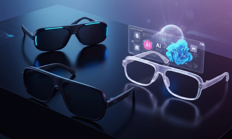 Futuristic smart glasses with AI interface projected in front of them.