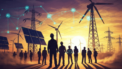 Silhouettes of engineers and workers stand before wind turbines and solar panels at sunset, with AI network graphics overlayed.