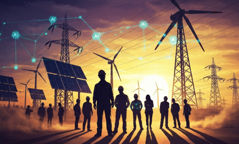 Silhouettes of engineers and workers stand before wind turbines and solar panels at sunset, with AI network graphics overlayed.