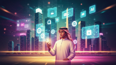 Man in traditional Arabic attire using a smartphone with futuristic digital interfaces overlayed on a city skyline.