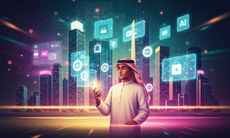 Man in traditional Arabic attire using a smartphone with futuristic digital interfaces overlayed on a city skyline.