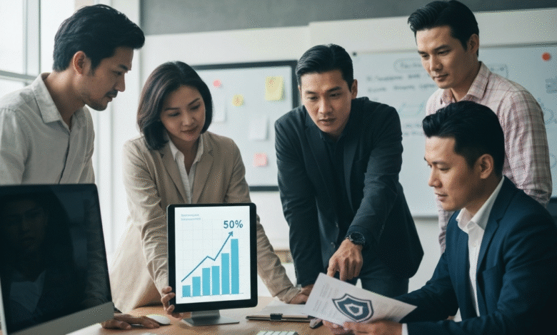 A diverse team of professionals analyzing a growth chart on a tablet.
