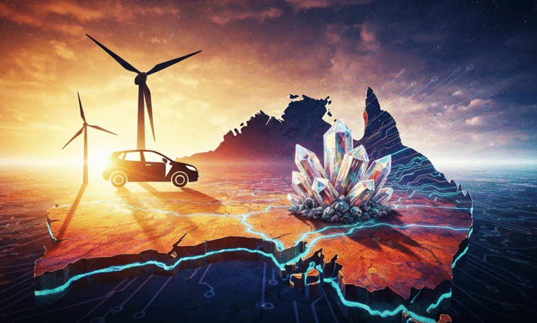 Silhouette of an electric car and wind turbines on a map of Australia with glowing crystals.