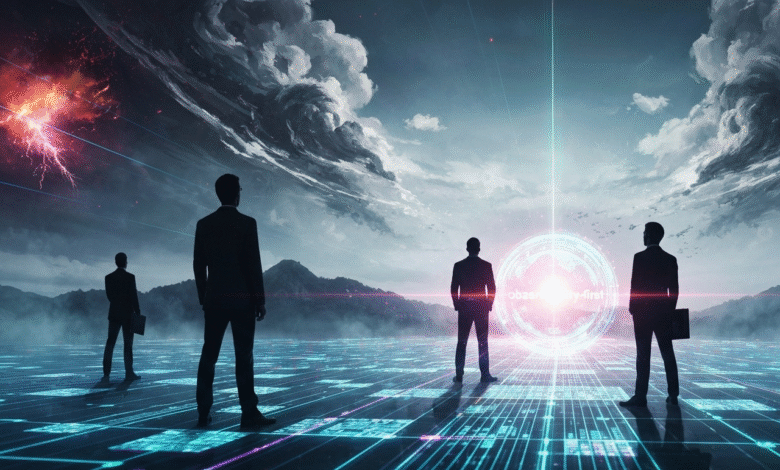 Silhouetted figures in suits stand on a digital grid, facing a glowing portal.