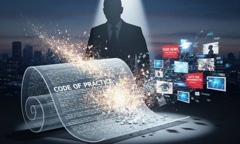 A businessman in silhouette stands behind a dissolving scroll of text labeled 'CODE OF PRACTICE', with digital screens displaying news and data.