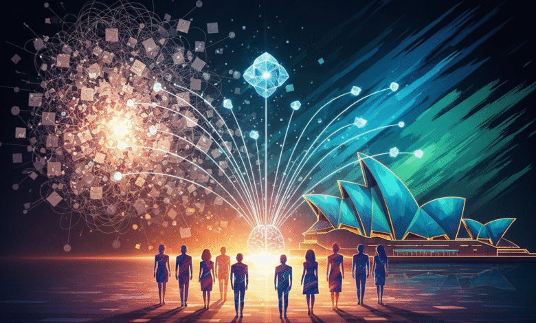 Silhouettes of people facing a glowing brain and abstract digital art, with Sydney Opera House in the background.