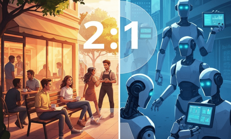 Split image showing people at a cafe and robots in a futuristic city