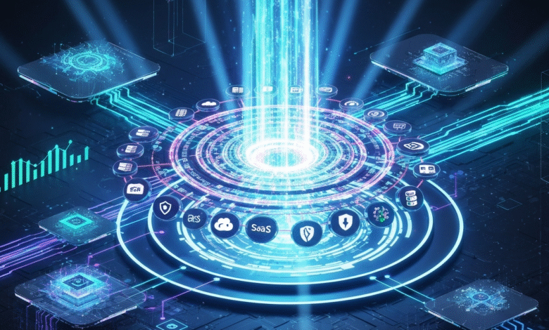 Abstract digital network with glowing blue and purple circuits and icons.