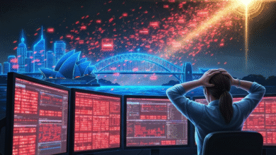 Person looking at multiple monitors displaying red code with Sydney skyline in background.