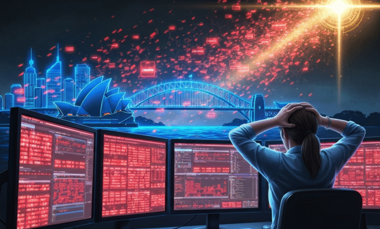 Person looking at multiple monitors displaying red code with Sydney skyline in background.