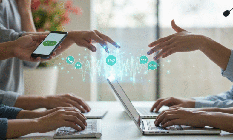 Hands interacting with digital communication icons and data streams over laptops.