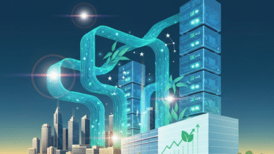 Futuristic cityscape with glowing data streams connecting to server towers and green growth.
