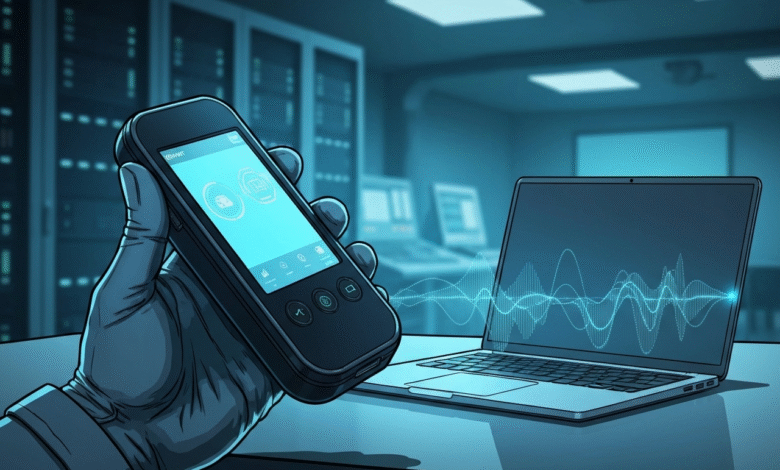 Hand in glove holding a smartphone connected to a laptop displaying sound waves.