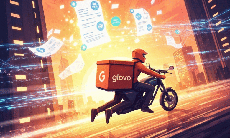 Delivery person on a motorcycle with a Glovo bag, flying through a futuristic city with documents.