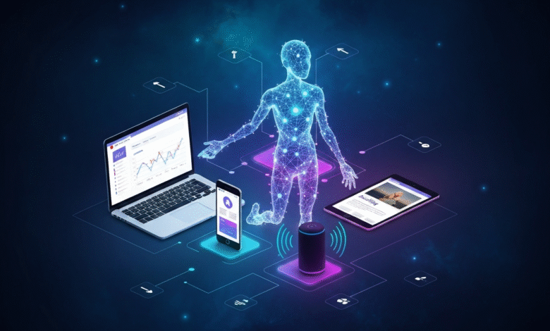 Holographic human figure connected to digital devices and data streams.