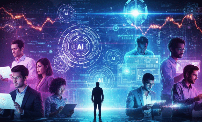 Diverse group of professionals interacting with AI data visualizations and stock charts.