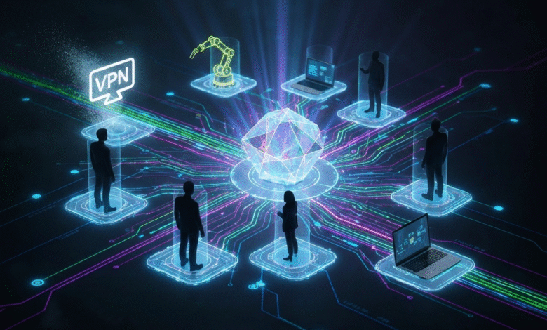 Digital network connecting people, laptops, and a robot arm around a central glowing crystal.