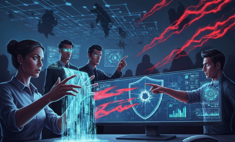 Team interacting with futuristic holographic interface displaying data and security shield.