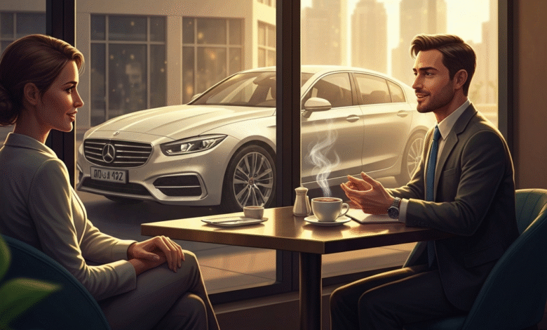 A man and woman in business attire sit at a table with coffee, with a luxury car visible through a window.
