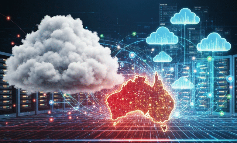 Digital representation of Australia connected to cloud servers and data networks.