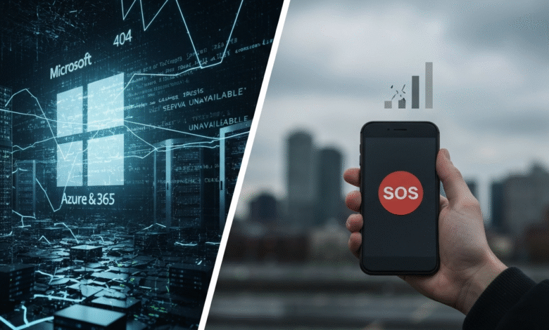 Split image: Left shows Microsoft Azure & 365 data center with error messages. Right shows a hand holding a phone with SOS signal.