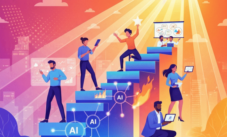 Diverse team climbing stairs towards bright light, symbolizing AI innovation and success.