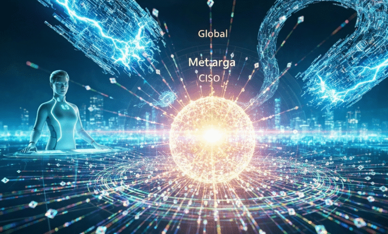 Futuristic AI interface with a glowing orb and digital city backdrop.