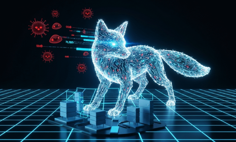 Holographic fox made of circuits on a digital grid, surrounded by virus icons and data streams.