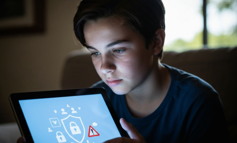 Young boy intently looking at a tablet screen displaying security icons.