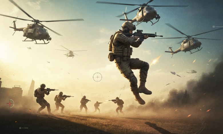 Soldiers in tactical gear rappelling from helicopters during a combat mission.