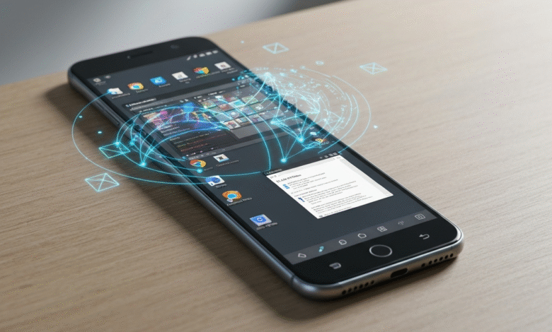 Smartphone displaying a network of glowing blue lines connecting icons and messages.